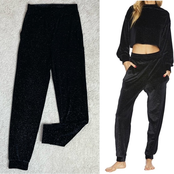 Beach Riot Pants - Beach Riot Josie Black Metallic Sparkle Glitter Velvet Jogger Lounge Pant